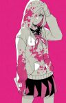  alternate_hairstyle bangs blunt_bangs boku_no_hero_academia can expressionless greyscale hand_on_own_head highres holding holding_can hood hood_up kobaji legs_apart lineart looking_at_viewer monochrome multicolored_hair neckerchief one_eye_covered paint_splatter pink_background pink_eyes pleated_skirt sailor_collar school_uniform skirt sleeve_cuffs spot_color spray_paint standing straight_hair streaked_hair toga_himiko zipper_pull_tab 