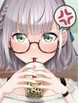  1girl anger_vein angry bangs blunt_bangs blush braid bubble_tea cup disposable_cup french_braid glasses green_eyes hatsuitsumo highres holding holding_cup hololive looking_at_viewer portrait semi-rimless_eyewear shirogane_noel short_hair solo spoken_anger_vein virtual_youtuber 