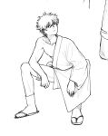  1boy bangs chinese_commentary closed_mouth commentary_request expressionless eyebrows_visible_through_hair gintama godzillapigeon1 greyscale hair_between_eyes highres invisible_chair japanese_clothes kimono leaning_forward long_sleeves looking_to_the_side looking_up male_focus monochrome off_shoulder sakata_gintoki sandals short_hair sidelocks simple_background single_bare_shoulder sitting sketch socks solo spread_legs tabi white_background 