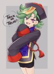  1boy bike_shorts black_hair english_text facial_mark green_hair halloween halloween_costume hat jewelry jiangshi jiangshi_costume looking_at_viewer male_focus mauro_abelard multicolored_hair off_shoulder ofuda open_mouth qing_guanmao riku_son shadowverse shadowverse_(anime) sleeves_past_fingers sleeves_past_wrists smile solo spiky_hair trick_or_treat two-tone_hair violet_eyes 