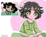  1girl aikawaii artist_name bangs black_hair blush bright_pupils buttercup_(ppg) buttercup_redraw_challenge derivative_work eyebrows_visible_through_hair green_eyes green_pajamas heart long_sleeves messy_hair outline pink_background powerpuff_girls reference_inset screencap_redraw short_hair solo sparkle under_covers white_outline white_pupils 