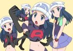  1girl beanie black_hair boots clenched_hands commentary_request cosplay elbow_gloves eyelashes gloves green_scarf grey_eyes hainchu hair_ornament hairclip hat highres hikari_(pokemon) jacket jessie_(pokemon) jessie_(pokemon)_(cosplay) logo long_hair multiple_views navel open_mouth own_hands_together pokemon pokemon_(anime) pokemon_swsh_(anime) purple_jacket purple_skirt scarf shirt sidelocks skirt sleeveless sleeveless_shirt thigh-highs thigh_boots tongue white_headwear yellow_background 