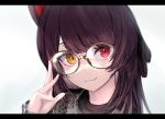  1girl :3 animal_ears bangs brown_hair closed_mouth commentary_request eyebrows_visible_through_hair gloves hand_up heterochromia inui_toko long_hair long_sleeves looking_at_viewer nijisanji portrait r_(r_aaaaaaaaru) red_eyes simple_background solo virtual_youtuber white_background yellow_eyes 