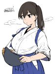  1girl artist_name blue_hakama brown_eyes brown_hair commentary_request cowboy_shot dated hakama hakama_skirt happa_(cloverppd) holding japanese_clothes kaga_(kancolle) kantai_collection long_hair muneate partial_commentary side_ponytail simple_background skirt solo tasuki white_background 