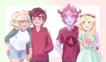  2boys 2girls blonde_hair blue_eyes brown_eyes brown_hair green_eyes horns jackie_lynn_thomas marco_diaz redhead star_butterfly star_vs_the_forces_of_evil tom_lucitor 