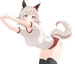  1girl animal_ears bent_over blush breasts buruma curren_chan_(umamusume) grey_hair gym_uniform highres horse_ears horse_girl horse_tail large_breasts looking_at_viewer shirt short_hair simple_background sincos smile solo tail thigh-highs umamusume white_background 