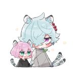  1000jx 1boy 1girl ahoge akashi_senju animal_ears animal_hands bangs black_hoodie blue_eyes blush chibi closed_mouth earrings excited expressionless eyebrows eyelashes fang fang_out grey_hoodie hair_between_eyes hair_over_one_eye highres hood hoodie imaushi_wakasa jewelry leopard_ears leopard_tail long_sleeves nachiya nose_blush open_mouth pink_hair short_hair single_earring smile snow_leopard tail teeth tokyo_revengers tongue twitter_username upper_body violet_eyes white_background 