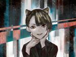  1girl abstract_background absurdres animal_ears black_shirt brown_eyes brown_hair cat_ears commentary english_commentary hands_up head_rest highres long_sleeves looking_at_viewer original parted_lips shirt short_hair solo upper_body yuu_akine 