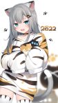  1girl 2022 :d amashiro_natsuki animal_ears animal_print bangs black_choker black_hair blue_eyes blurry blurry_background cat_ears cat_girl cat_tail chinese_zodiac choker collarbone commentary depth_of_field eyebrows_behind_hair fang grey_hair hair_ornament hairclip highres indie_virtual_youtuber long_hair long_sleeves looking_at_viewer multicolored_hair nacho_(amashiro_natsuki) paw_hair_ornament print_shirt shirt sleeves_past_fingers sleeves_past_wrists smile solo streaked_hair tail thigh-highs tiger_print virtual_youtuber white_background white_legwear white_shirt year_of_the_tiger 