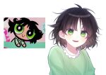  1girl archived_source bangs blush buttercup_(ppg) buttercup_redraw_challenge derivative_work eyebrows_visible_through_hair green_eyes green_pajamas green_shirt looking_at_viewer messy_hair open_mouth powerpuff_girls qkwka_jmr reference_inset screencap_redraw shadow shirt simple_background smile solo white_background 