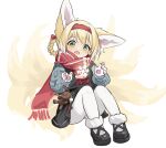  1girl absurdres animal_ear_fluff animal_ears arknights blonde_hair fox_ears fox_girl fox_tail green_eyes hairband highres kitsune kyuubi looking_at_viewer multiple_tails open_mouth shio_(7203802) shoes suzuran_(arknights) sweater tail white_legwear 
