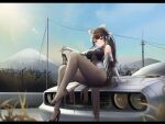  1girl absurdres azur_lane bare_shoulders black_footwear bodystocking bow breasts brown_hair car cleavage_cutout clothing_cutout elbow_gloves extra_ears feet fingerless_gloves full_body gloves ground_vehicle hair_flaps high_heels highres holding holding_shoes kcar66t large_breasts leotard long_hair looking_at_viewer motor_vehicle multicolored_leotard official_alternate_costume outdoors racequeen shoes sitting_on_hair solo takao_(azur_lane) takao_(full_throttle_charmer)_(azur_lane) two-tone_leotard unitard very_long_hair white_bow white_gloves yellow_eyes 