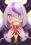  +_+ 1girl absurdres bangs blush burger commentary_request demon_horns eating eyebrows_visible_through_hair food food_in_mouth hair_between_eyes hands_up highres holding holding_food hololive horns la+_darknesss long_hair long_sleeves looking_at_viewer multicolored_hair purple_hair silver_hair solo sparkle streaked_hair takuan_(mo55ilst) upper_body virtual_youtuber yellow_eyes 