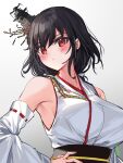  1girl bare_shoulders black_hair blush breasts detached_sleeves eyebrows_visible_through_hair floral_print gradient gradient_background hair_ornament hair_ribbon highres japanese_clothes kantai_collection large_breasts nontraditional_miko red_eyes remodel_(kantai_collection) ribbon short_hair signature solo upper_body wide_sleeves yamashiro_(kancolle) yamashiro_(kantai_collection) youmou_usagi 
