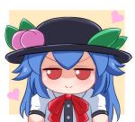  1girl bangs black_headwear blue_hair blush bow bowtie buttons closed_mouth collar collared_shirt doll eyebrows_visible_through_hair food fruit fumo_(doll) hair_between_eyes hat heart hinanawi_tenshi leaf long_hair looking_to_the_side peach pink_heart red_bow red_bowtie red_eyes shaded_face shirt short_sleeves simple_background smile solo stuffed_toy tasuku_(tusktouhou4) touhou white_background white_shirt yellow_background 