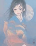  1girl bangs black_hair blue_background blue_eyes blue_kimono blue_sky cloud_print commentary expressionless floating_hair full_moon heterochromia highres japanese_clothes kimono long_hair long_sleeves looking_at_viewer moon multicolored_clothes multicolored_kimono obi original outdoors parted_lips pink_eyes pink_kimono sash seal_impression signature sitting sky solo twilight upper_body ushiyama_ame 