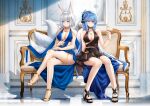  2girls animal_ears azur_lane blue_dress blue_eyes blue_hair breasts brown_eyes brown_tail champagne_flute commentary_request crossed_legs cup dress drinking_glass drooling drunk essex_(azur_lane) essex_(craft_fairytail)_(azur_lane) evening_gown fox_ears fox_girl fox_tail gold_footwear halter_dress halterneck high_heels highres kaga_(azur_lane) kaga_(exalted_white_wings)_(azur_lane) kitsune kyuubi large_breasts large_tail long_hair multiple_girls multiple_tails o-ring_dress one_eye_closed smile stardust_(chen&#039;ai_weiding) tail teeth white_hair 