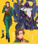  1boy bbbb_fex cowboy_shot daiouika_deadman deadmen_(kamen_rider_revice) eldritch_abomination full_body giant_squid gifftex goat green_eyes green_jacket green_pants hand_on_own_chest highres holding holding_weapon jacket jewelry kamen_rider kamen_rider_revice male_focus mexican_clothes monster monster_boy olteca_(kamen_rider_revice) pants paranegro red_eyes ring speech_bubble squid sword tentacles translation_request umbrella weapon yellow_background 