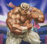  1boy antonov_(kof) beard biceps blonde_hair cigar facial_hair facing_viewer flexing hat itadori_shuu large_hands large_pectorals muscular muscular_male open_mouth pectorals pose smile smoking solo sunglasses the_king_of_fighters topless_male 