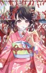  1girl absurdres black_hair blurry blurry_background commentary_request double_bun fang floral_print flower fukumaru_koito hair_flower hair_ornament highres idolmaster idolmaster_shiny_colors japanese_clothes kimono looking_at_viewer obi pink_kimono print_kimono sash skin_fang solo twintails user_zfjc4874 violet_eyes wide_sleeves 