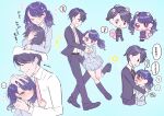 1boy 1girl animal_ears artist_request black_hair blue_background collage flower formal fukumaru_koito hair_flower hair_ornament hair_ribbon highres hug idolmaster idolmaster_shiny_colors looking_at_viewer miniskirt necktie petting pink_necktie pleated_skirt producer_(idolmaster) ribbon school_uniform short_hair skirt squirrel_ears squirrel_tail suit symbol-only_commentary tail translation_request twintails upper_body violet_eyes 