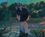  1girl animal_ear_fluff animal_ears aqua_eyes bangs bare_shoulders black_hair blue_camisole blush bob_cut camisole collarbone highres kgt_(pixiv12957613) leaf looking_to_the_side medium_hair original partially_submerged profile scenery solo water 