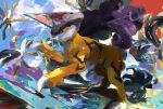  absurdres character_print claws clouds commentary_request day highres ho-oh kanami_(bprod) lugia no_humans orange_eyes outdoors pokemon pokemon_(creature) raikou sky suicune tusks ultra_beast xurkitree yellow_fur 