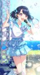  1girl black_hair blue_nails blue_ribbon blue_shorts bubble day fangs fukumaru_koito hair_ribbon highres holding holding_microphone idol idolmaster idolmaster_shiny_colors microphone nail_polish open_mouth outdoors ribbon sailor_collar short_sleeves shorts skin_fangs soap_bubbles solo soramame_tomu stage twintails violet_eyes white_legwear 