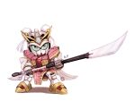  bun_cover colored_sclera elping green_sclera gundam holding holding_polearm holding_weapon korean_commentary looking_up mecha naginata no_humans polearm sd_gundam sd_gundam_sangokuden sonshoukou_garbera standing violet_eyes weapon white_background 