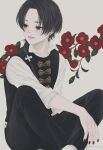  1boy black_hair black_pants black_vest camellia collared_shirt commentary_request earrings fang feet_out_of_frame flower grey_background hair_over_shoulder hair_ribbon highres indian_style jewelry kashuu_kiyomitsu long_hair looking_away looking_to_the_side male_focus mole mole_under_mouth nail_polish pants parted_hair parted_lips ponytail red_eyes red_flower red_nails ribbon shirt sitting sleeves_rolled_up smile solo touken_ranbu ushiyama_ame vest white_background white_ribbon white_shirt 
