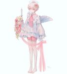  1boy absurdres anemone_(flower) angel angel_wings blonde_hair blush bouquet bow candle flower frills grey_hair hair_flower hair_ornament halo highres long_sleeves male_focus niufog original pale_skin pink_eyes ribbon white_hair wings 