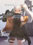  1girl ahoge bangs black_dress black_gloves black_jacket character_name dress eyebrows_visible_through_hair eyewear_around_neck feet_out_of_frame girls_frontline gloves gun hetare_galm_sue highres holding holding_gun holding_knife holding_weapon jacket knife light_brown_eyes long_hair long_sleeves looking_at_viewer machine_gun open_clothes open_jacket pkp_(girls&#039;_frontline) pkp_pecheneg russian_text safety_glasses side_ponytail silver_hair simple_background solo standing very_long_hair weapon 