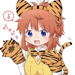  1girl :d animal_ears animal_hands bangs blue_eyes blush bow bowtie breasts brown_hair chinese_zodiac collared_shirt commentary eighth_note eyebrows_visible_through_hair fake_animal_ears fang gloves hair_ribbon hands_up highres koshigaya_natsumi long_hair musical_note non_non_biyori orange_bow orange_gloves paw_gloves ponytail print_bow print_bowtie ribbon shika_(s1ka) shirt simple_background small_breasts smile solo spoken_musical_note sweater_vest symbol-only_commentary tail tail_raised tiger_ears tiger_tail translation_request upper_body white_background white_ribbon white_shirt year_of_the_tiger 