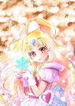  1girl blonde_hair cure_tomorrow eyebrows_visible_through_hair eyelashes from_side fur-trimmed_gloves fur_trim gloves hair_ornament heart heart_hair_ornament highres hugtto!_precure lens_flare long_hair looking_at_viewer manekineko5319 open_mouth pink_gloves pleated_skirt precure red_eyes short_sleeves skirt snowflakes solo very_long_hair white_skirt 