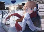  1girl bangs blue_eyes blush breath brown_hair building bus_stop clouds earmuffs gloves heeri looking_at_viewer medium_hair mittens original red_scarf scarf sky snow solo tree white_gloves winter winter_clothes 