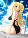  1girl ass black_swimsuit blonde_hair blue_eyes blue_sky breasts clouds cowboy_shot day english_commentary from_behind hololive large_breasts lens_flare long_hair looking_at_viewer looking_back outdoors ponytail pool_ladder signature sky smile solo steb sun swimsuit virtual_youtuber watson_amelia 