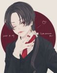  1boy androgynous bangs bishounen black_hair black_jacket black_vest blowing_kiss circle commentary dated dress_shirt earrings formal hair_over_one_eye hair_over_shoulder hair_ribbon hand_up head_tilt heart highres jacket jewelry kashuu_kiyomitsu long_hair long_sleeves looking_at_viewer male_focus mole mole_under_mouth nail_polish necktie one_eye_closed outside_border parted_bangs parted_hair ponytail red_background red_eyes red_nails red_necktie ribbon shirt solo suit_jacket three-piece_suit touken_ranbu upper_body ushiyama_ame vest white_ribbon white_shirt 
