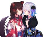  2girls absurdres animal_ears bangs black_flower black_kimono blue_hair blue_nails blush braid brown_hair closed_mouth commentary_request crown_braid dog_ears dog_girl dog_tail eyebrows_visible_through_hair flower fur_collar hair_flower hair_ornament hair_ribbon hands_up heterochromia highres inui_toko japanese_clothes kimono lize_helesta long_hair long_sleeves multicolored_hair multiple_girls nenehotoso nijisanji parted_lips pink_eyes print_kimono red_eyes red_kimono red_nails red_ribbon ribbon short_hair silver_hair simple_background smile tail tail_raised two-tone_hair v virtual_youtuber white_background wide_sleeves yellow_eyes 