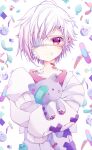  1boy bandages bandaid blush cat ear_piercing eyepatch hair_ornament hairclip highres looking_at_viewer original pale_skin piercing ponixponi sleeves_past_wrists stuffed_toy violet_eyes white_hair 