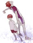  2boys ball bandaged_fingers bandages commentary_request dual_persona full_body haikyuu!! highres holding holding_ball looking_at_viewer male_focus multiple_boys outstretched_arms red_eyes red_shorts redhead shirt shoes short_sleeves shorts signature simple_background smile sneakers spiky_hair sportswear spread_arms t-shirt tendou_satori volleyball volleyball_uniform yasai_(getsu) younger 