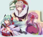  3_small_spiders 3girls absurdres aqua_hair ar-57_(girls&#039;_frontline) arm_up bangs blonde_hair blue_eyes blush closed_mouth earrings eyebrows_visible_through_hair flower fur-trimmed_kimono fur_trim girls_frontline hair_between_eyes hair_flower hair_ornament hand_fan highres holding holding_fan japanese_clothes jewelry kimono long_hair looking_at_viewer looking_away ltlx_7000_(girls&#039;_frontline) mole mole_on_neck multiple_girls official_alternate_costume pink_hair short_hair simple_background upper_body vector_(girls&#039;_frontline) violet_eyes white_background yellow_eyes 