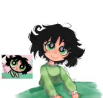  1girl artist_name black_hair bright_pupils buttercup_(ppg) buttercup_redraw_challenge derivative_work desiree_tan green_eyes green_pajamas highres long_sleeves looking_at_viewer messy_hair powerpuff_girls reference_inset screencap_redraw simple_background solo under_covers upper_body white_background white_pupils 