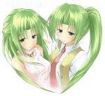  2girls absurdres blush bow bowtie breasts contrapposto green_eyes green_hair hand_on_hip highres higurashi_no_naku_koro_ni large_breasts long_hair looking_at_viewer mintol multiple_girls necktie open_mouth pleated_skirt ponytail red_neckwear red_skirt ribbon school_uniform shirt siblings sisters skirt smile sonozaki_mion sonozaki_shion twins white_shirt yellow_ribbon 