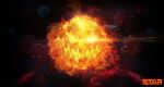  asteroid boulder fire glowing glowing_eye glowing_eyes halloween highres logo looking_at_viewer molten_rock open_mouth outdoors planet realistic rock science_fiction sharp_teeth space star_conflict teeth 