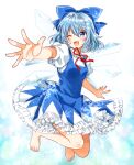  1girl barefoot blue_bow blue_dress blue_eyes blue_hair blush bow cirno collared_shirt dress eyebrows_visible_through_hair fairy full_body hair_between_eyes hair_bow ice ice_wings okawa_friend one_eye_closed open_mouth puffy_short_sleeves puffy_sleeves shirt short_hair short_sleeves smile solo touhou white_shirt wings 