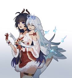  2girls :d :o antlers bangs braid christmas closed_mouth crown dress earrings elbow_gloves fake_horns gloves headband highres honkai_(series) honkai_impact_3rd horns jewelry kiana_kaslana kiana_kaslana_(divine_prayer) multiple_girls open_mouth purple_hair raiden_mei red_dress red_gloves sleeveless sleeveless_dress smile thigh-highs twin_braids violet_eyes white_background white_dress white_hair white_legwear white_sleeves xiaoji_k 