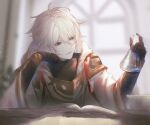  1boy antenna_hair armor backlighting bangs black_bodysuit blue_eyes blurry blurry_background bodysuit book bowl closed_mouth dated erlenmeyer_flask flask granblue_fantasy highres holding holding_flask hooded_robe lucilius_(granblue_fantasy) male_focus short_hair shoulder_armor solo table turtleneck upper_body white_hair white_robe window wristband yct_(yoct_o) 