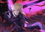  1girl absurdres artoria_pendragon_(fate) bangs black_dress black_ribbon blonde_hair braid closed_mouth commentary_request dark_excalibur dress excalibur_morgan_(fate) fate/grand_order fate/stay_night fate_(series) french_braid from_below gothic_lolita hair_bun highres holding holding_sword holding_weapon juliet_sleeves lolita_fashion long_sleeves looking_at_viewer puffy_sleeves ribbon saber_alter sidelocks sword takoyaki_110721 weapon yellow_eyes 