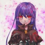  1girl bangs bio_lab brown_capelet brown_gloves capelet chest_guard closed_mouth commentary egnigem_cenia expressionless eyebrows_visible_through_hair floral_print gauntlets gloves hair_between_eyes long_hair looking_at_viewer purple_hair ragnarok_online red_eyes red_lightning rose_print shirokuro_(erisnoa) solo swordsman_(ragnarok_online) upper_body 