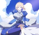  1girl ahoge aoi_suzu artoria_pendragon_(all) blonde_hair blue_ribbon breasts cleavage_cutout clothing_cutout excalibur_(fate/stay_night) fate/grand_order fate/stay_night fate_(series) green_eyes hair_bun hair_ribbon holding holding_weapon juliet_sleeves long_sleeves medium_breasts puffy_sleeves ribbon saber solo sword weapon 
